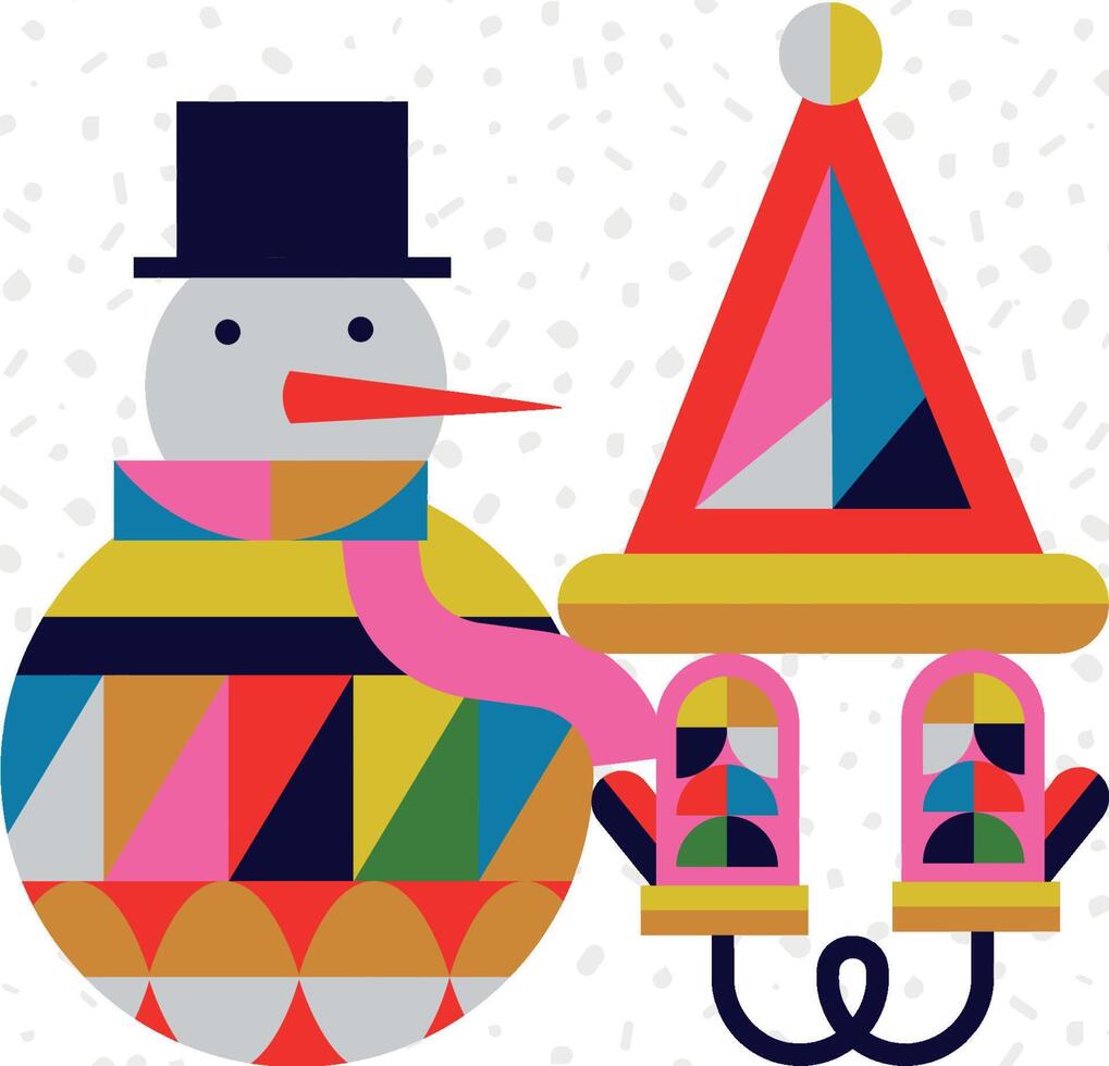 Poster Christmas snowman and gloves in cubism style drawing on white background vector