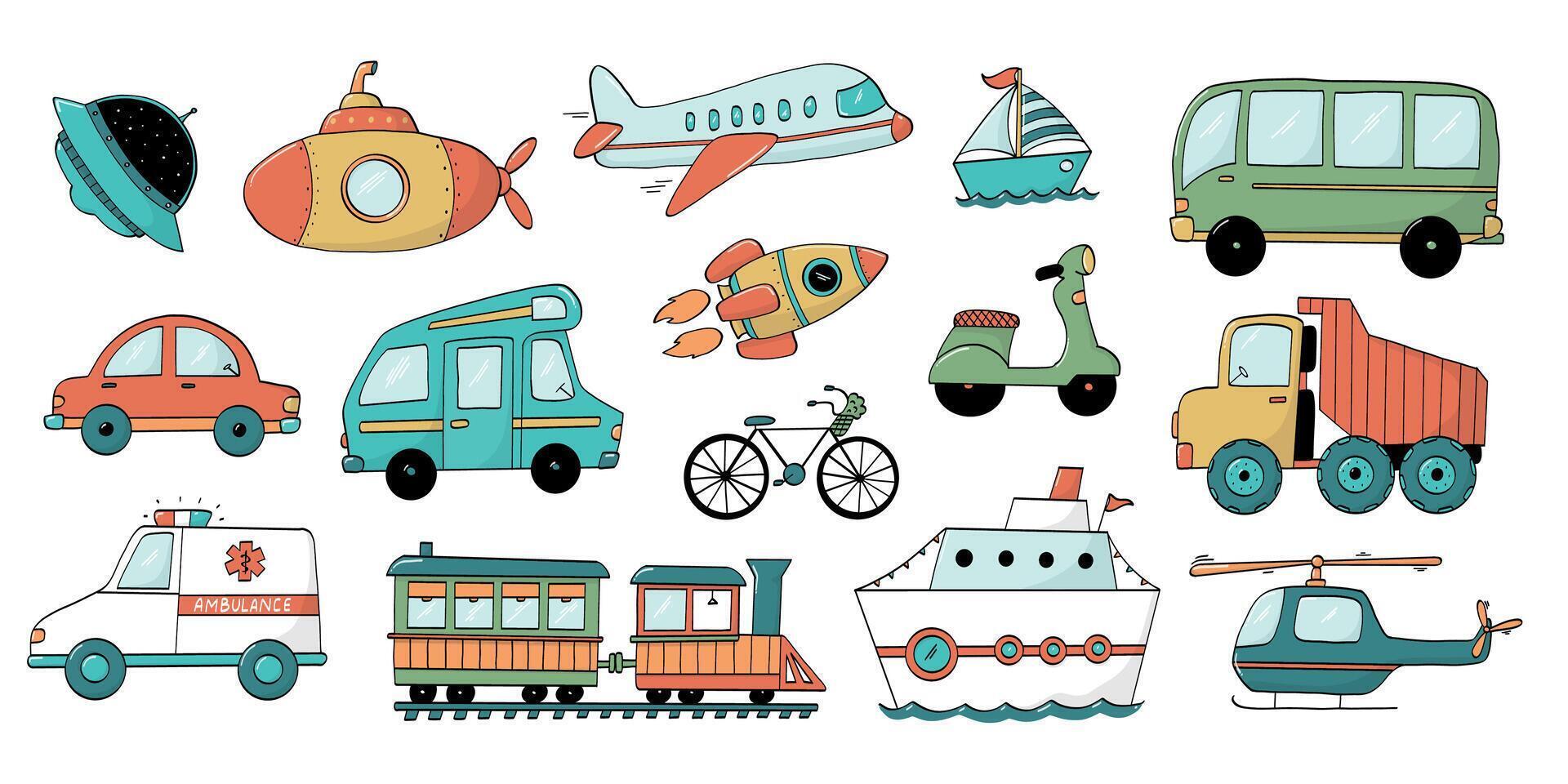 cars hand drawn doodles, cartoon elements for nursery prints, cards, stickers, apparel decor, banners, social media, etc. EPS 10 vector