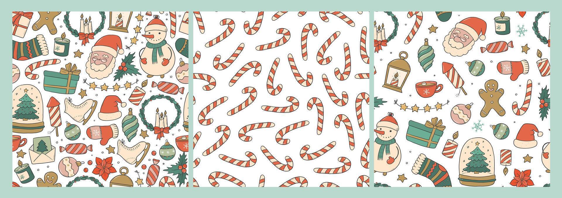Christmas nursery seamless patterns with cute doodles for gift wrapping paper, textile prints, tablecloth, kitchenware, wallpaper, bedding, kids apparel, etc. EPS 10 vector