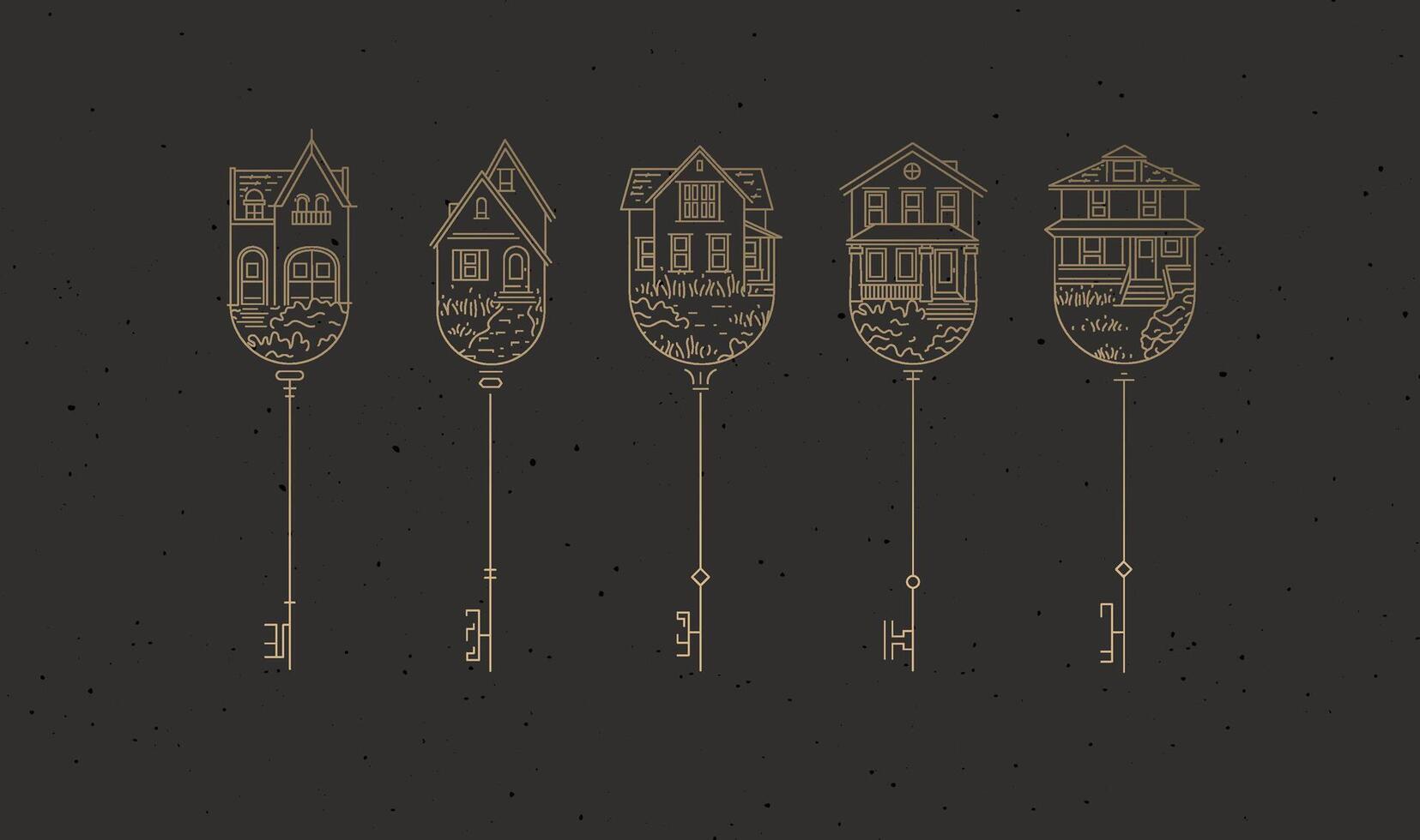 Set of house key collection in modern line style drawing on brown background. vector