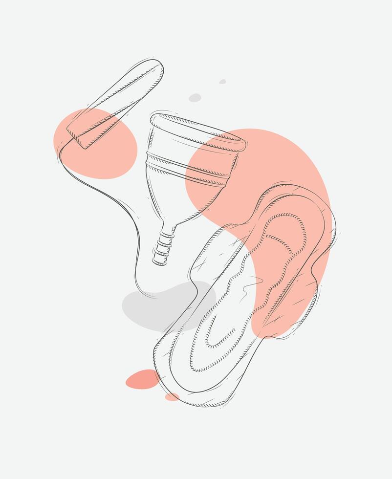 Tampon, women sanitary pad and menstrual cup composition drawing with splash on grey background vector