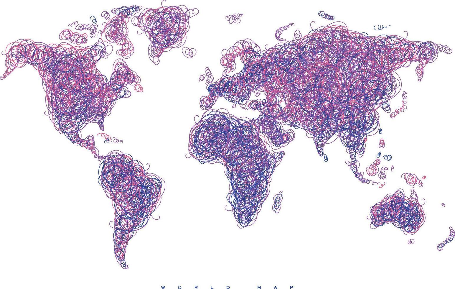 World map drawing with tangled violet and blue lines on white background vector
