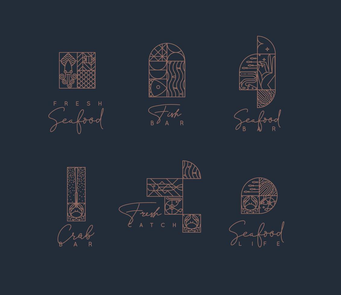 Set of creative modern art deco seafood symbols in flat line style drawing on brown background. vector
