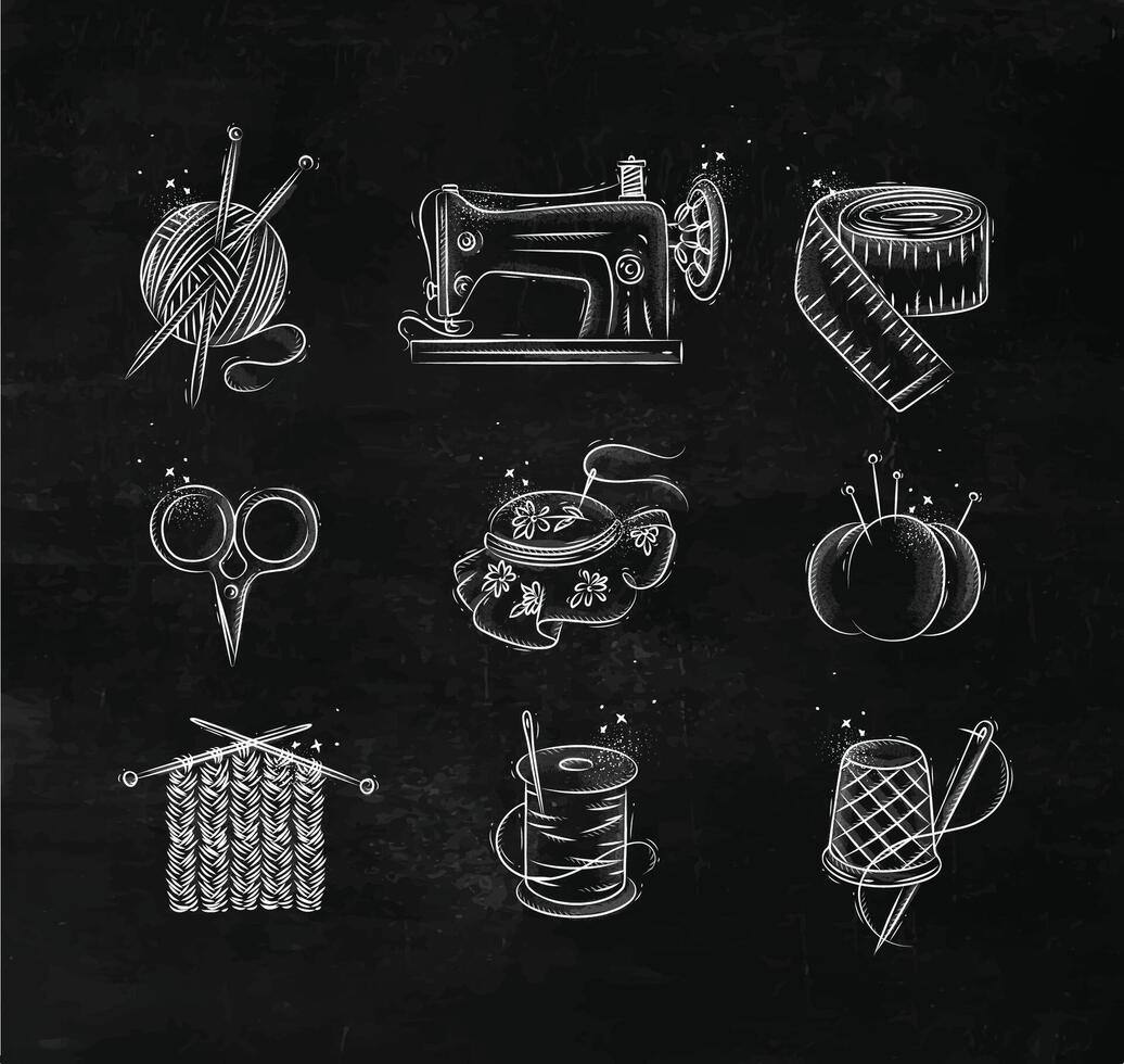 Sew icon set with illustrated sewing machine, skein of threads, scissors, knitting needles, needle, thread, embroidery hoop in hand drawing style on chalkboard background vector