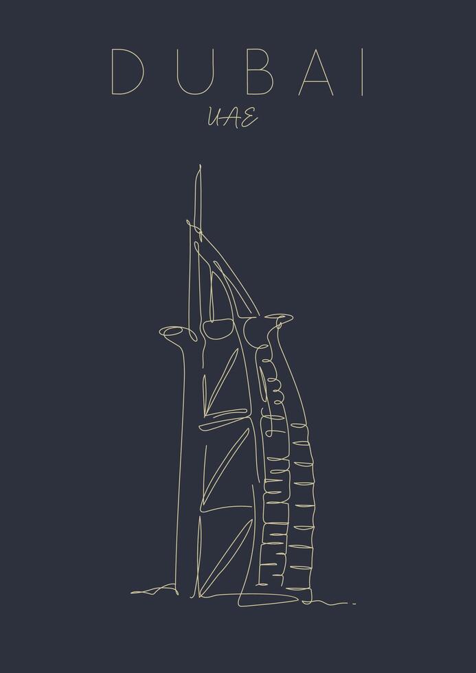 Poster hotel lettering dubai uae drawing in pen line style on dark background vector