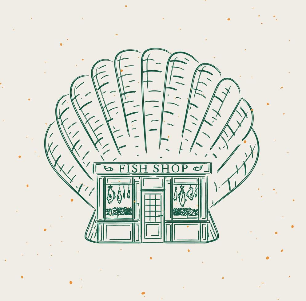 Seashell a storefront of fish shop drawing in vintage style on beige background vector