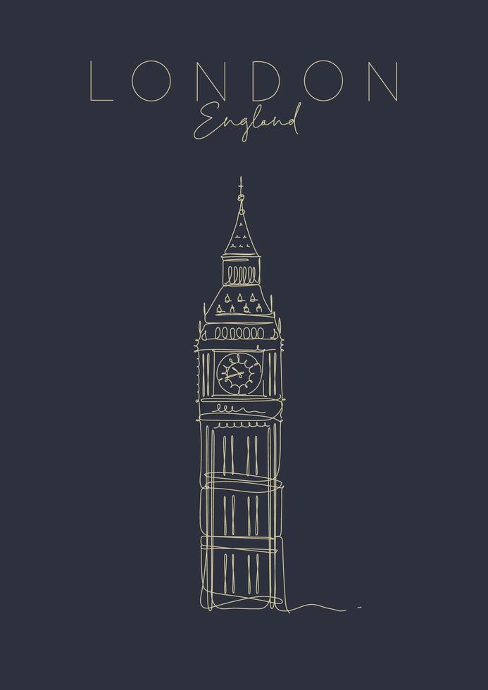 Poster big ben lettering london, england drawing in pen line style on dark background vector