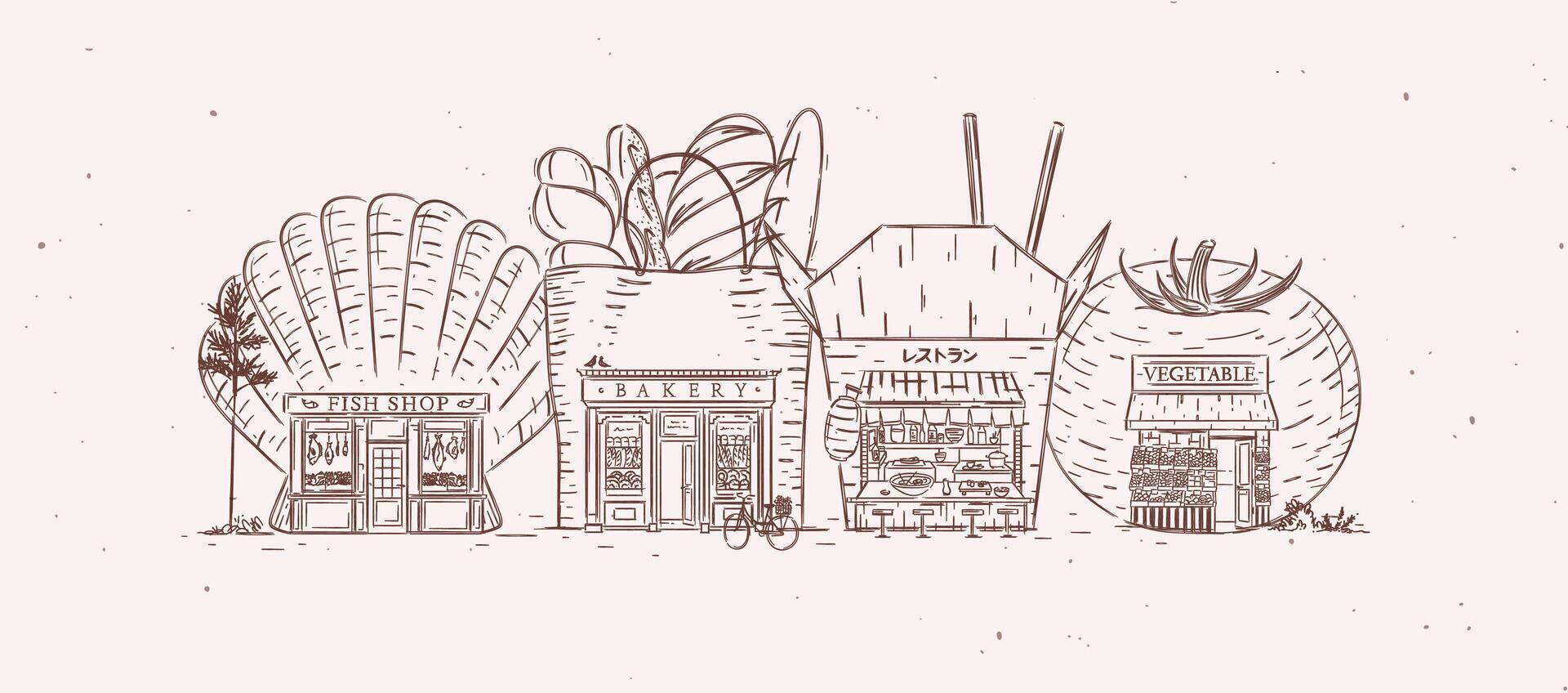 Set of storefronts fish shop, bakery, asian food, bakery drawing with brown color vector