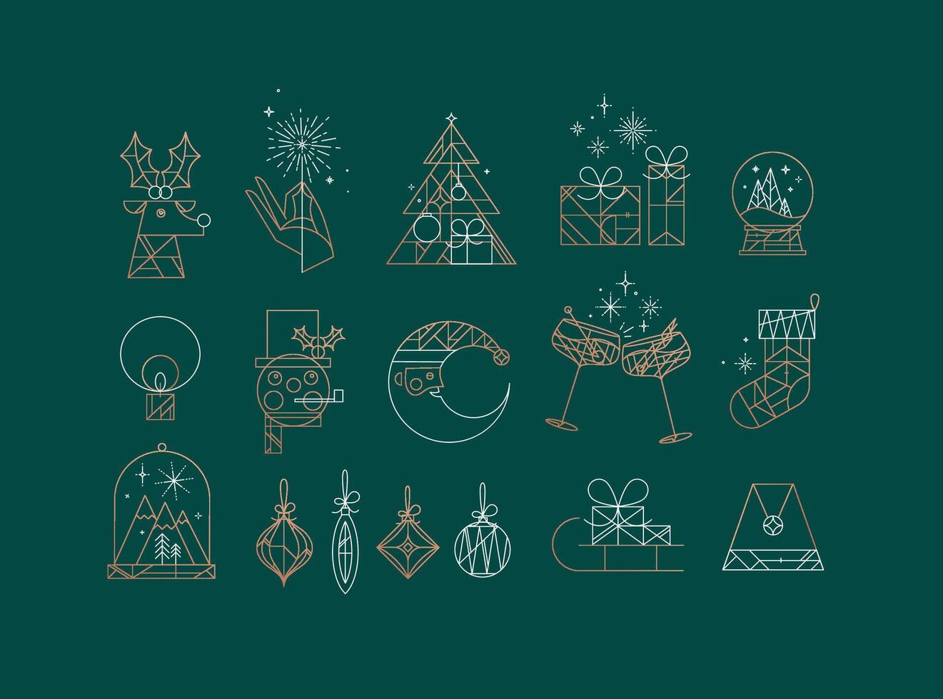 Set of christmas icons drawing in art deco line style on green background vector