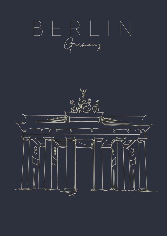 Poster brandenburg gate lettering berlin, germany drawing in pen line style on dark background vector