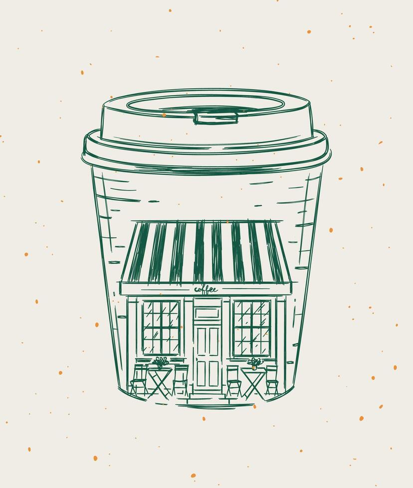 Cup to go a storefront of cafe drawing in vintage style on beige background vector