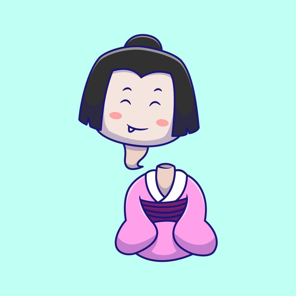 Smiling Yokai Ghost Wearing Traditional Kimono Sitting Cartoon Illustration. Traditional Ghost. Flat Cartoon Outline Style. vector
