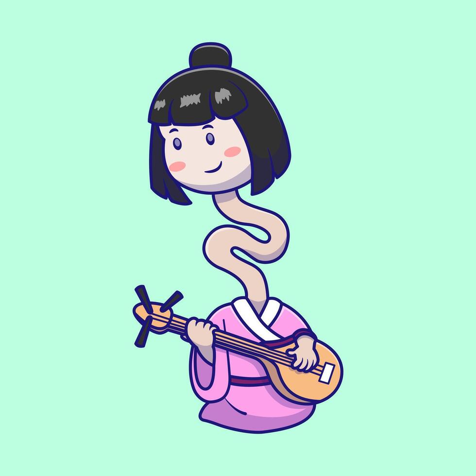Cute Yokai Ghost Playing Accoustic Guitar Cartoon Illustration. People Playing A String Instrument. Flat Cartoon Outline Style. vector