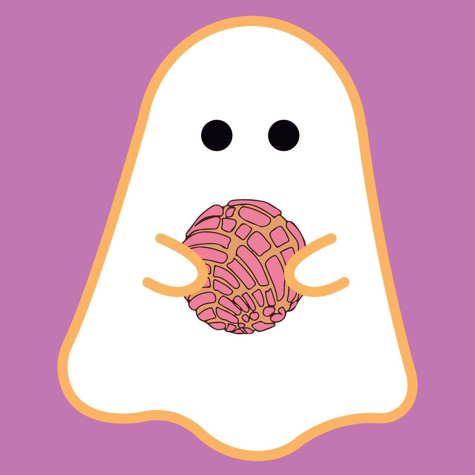 Halloween ghost. Cute cartoon poltergeist, Cute Fatasma with concha Mexican bread in hands happy Halloween design. Funny scary ghost characters. vector