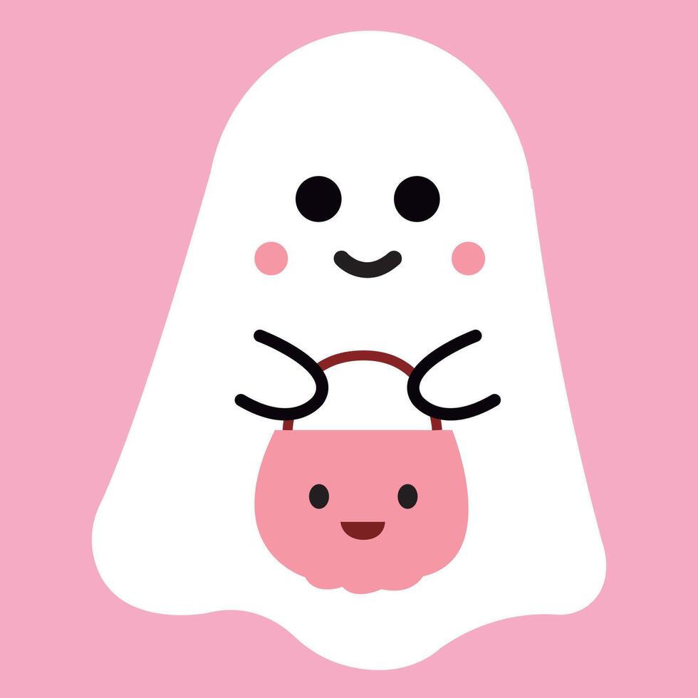 Halloween ghost. Poltergeist. Flying ghost. Cute funny happy ghost with skull in hands. Spirit of fear. Halloween ghost design in simple modern flat cartoon style. vector