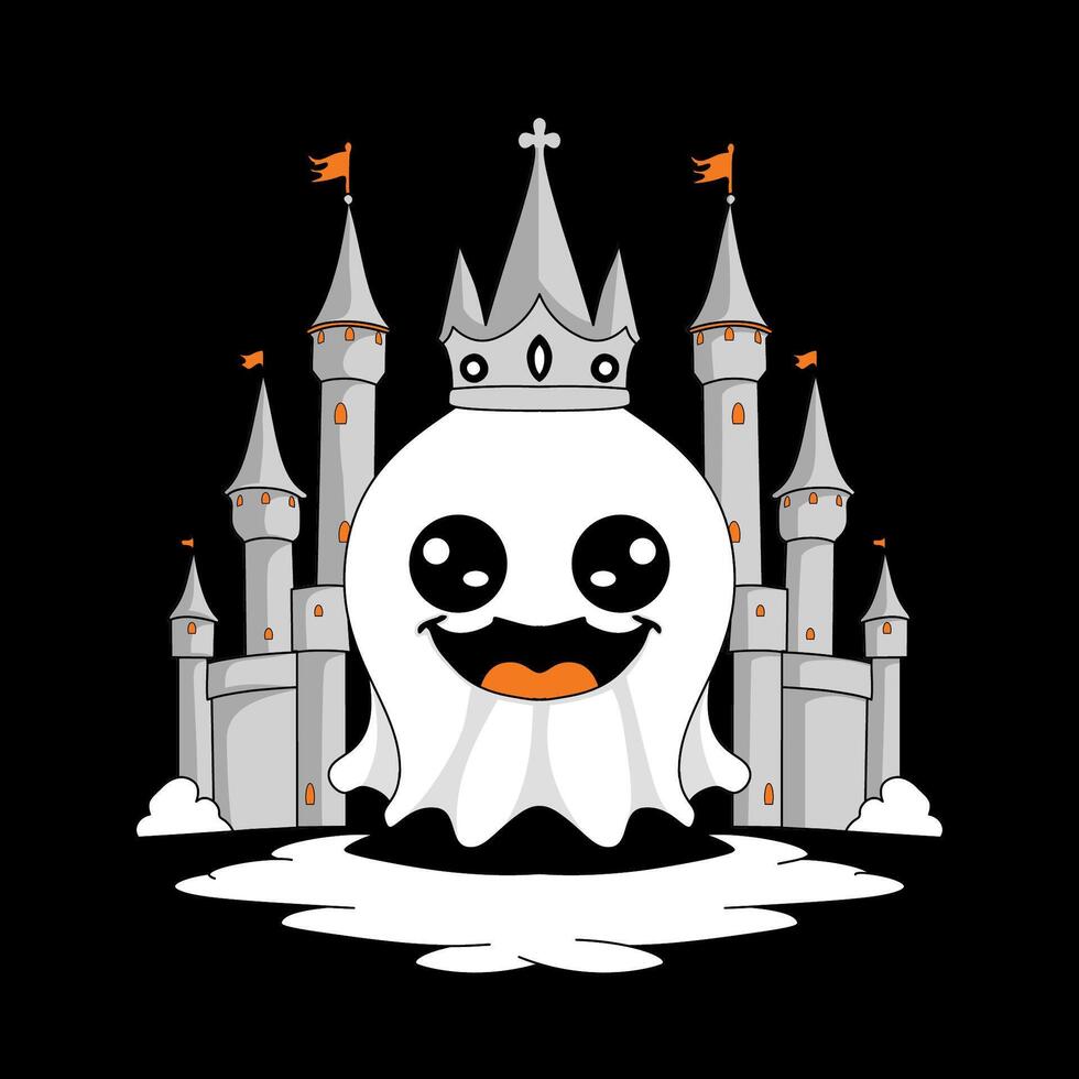 Cute Ghost with Crown in Front of Castle vector