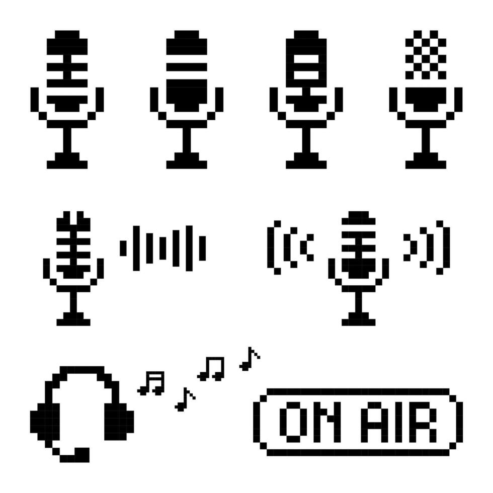 8 Bit Pixel Art Podcast Icon Set include Microphones, Headphones, On Air Sign Music Notes vector