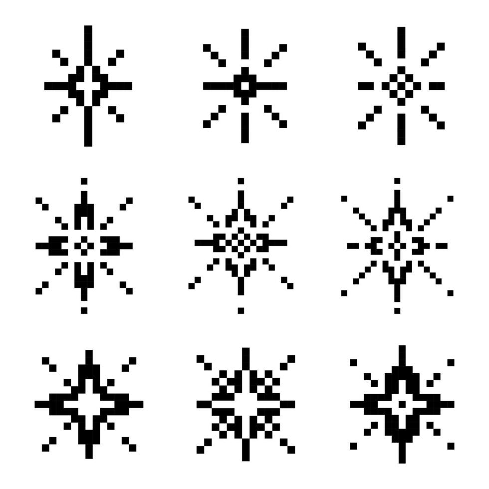 Set of Pixel Art Sparkle 8 Bit Retro Style Black and White vector
