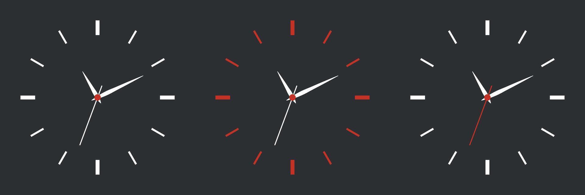 Minimalistic clock template set on dark background. Realistic office wall clock. Clock face and hands display the time. Home and office decor. vector