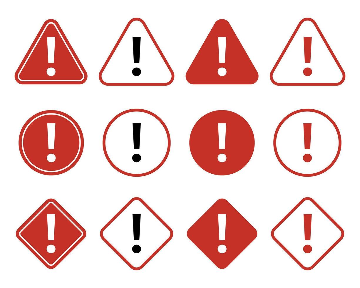 Set of warning signs in red colour. Warning, precaution, attention, alert icon. Warning sign. Exclamation mark. vector