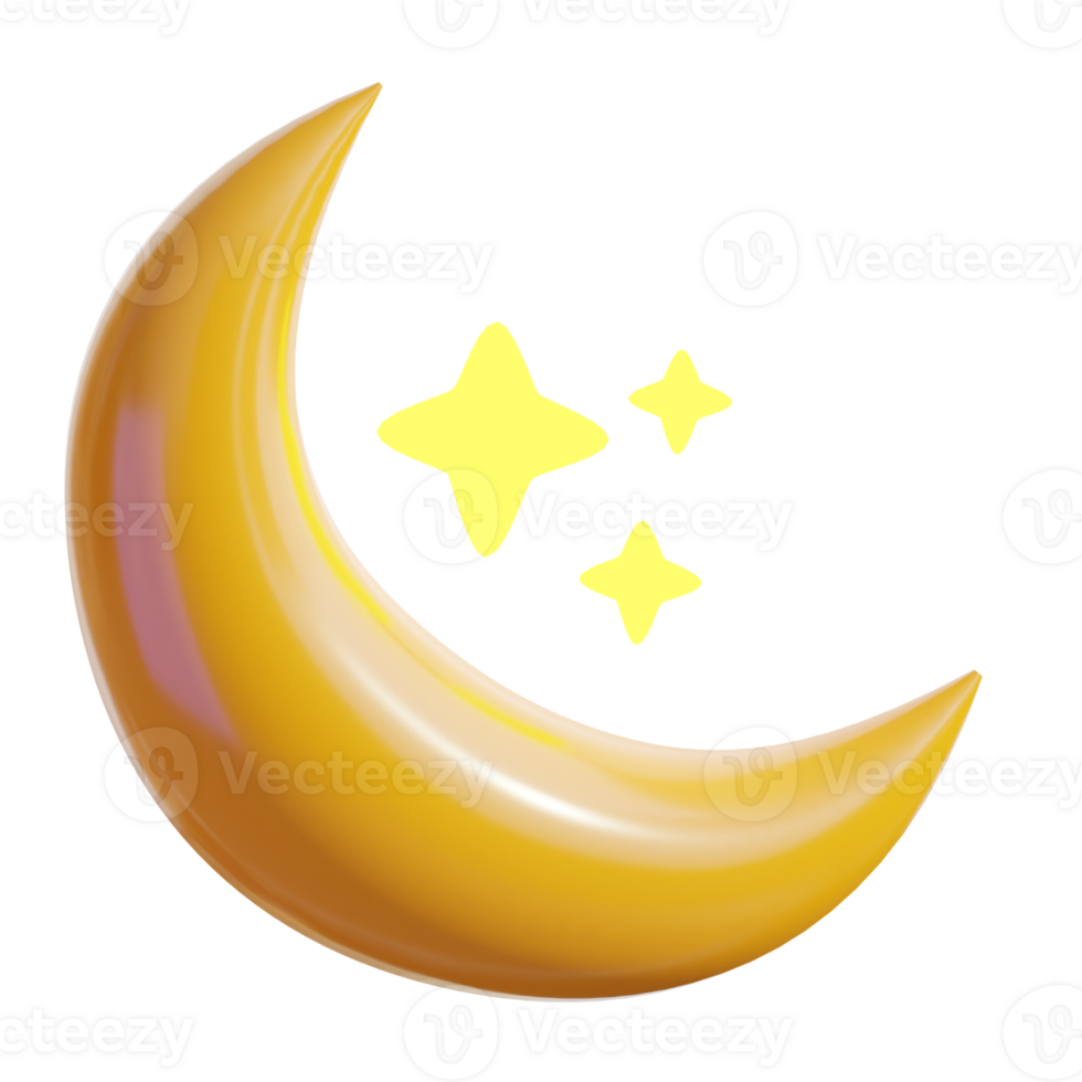 3D Fantasy Golden Crescent Moon And Stars png