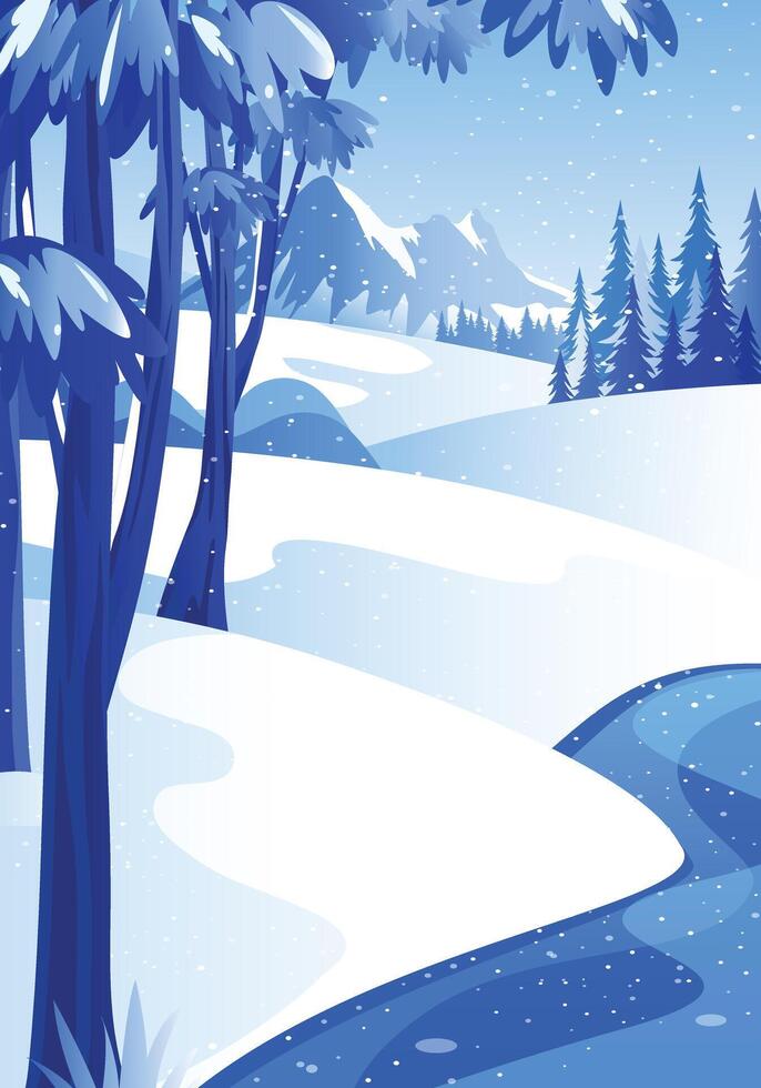 The tranquil beauty of a winter landscape with this stunning illustration. A snowy riverside, gently blanketed by falling snowflakes with mountains peek from the horizon. vector