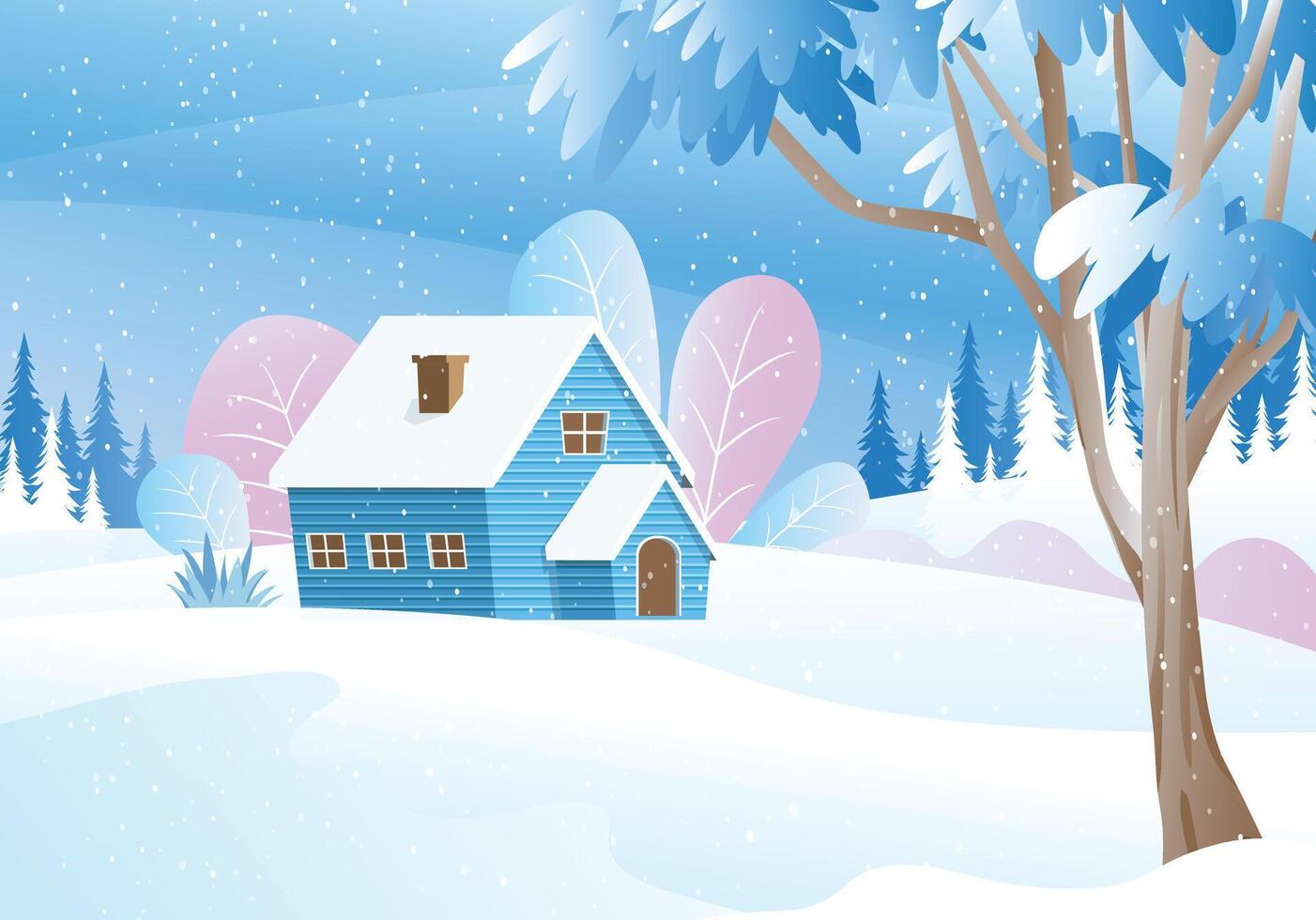 House on Snowy Hill with Snowflakes Falling from Sky Winter Landscape vector