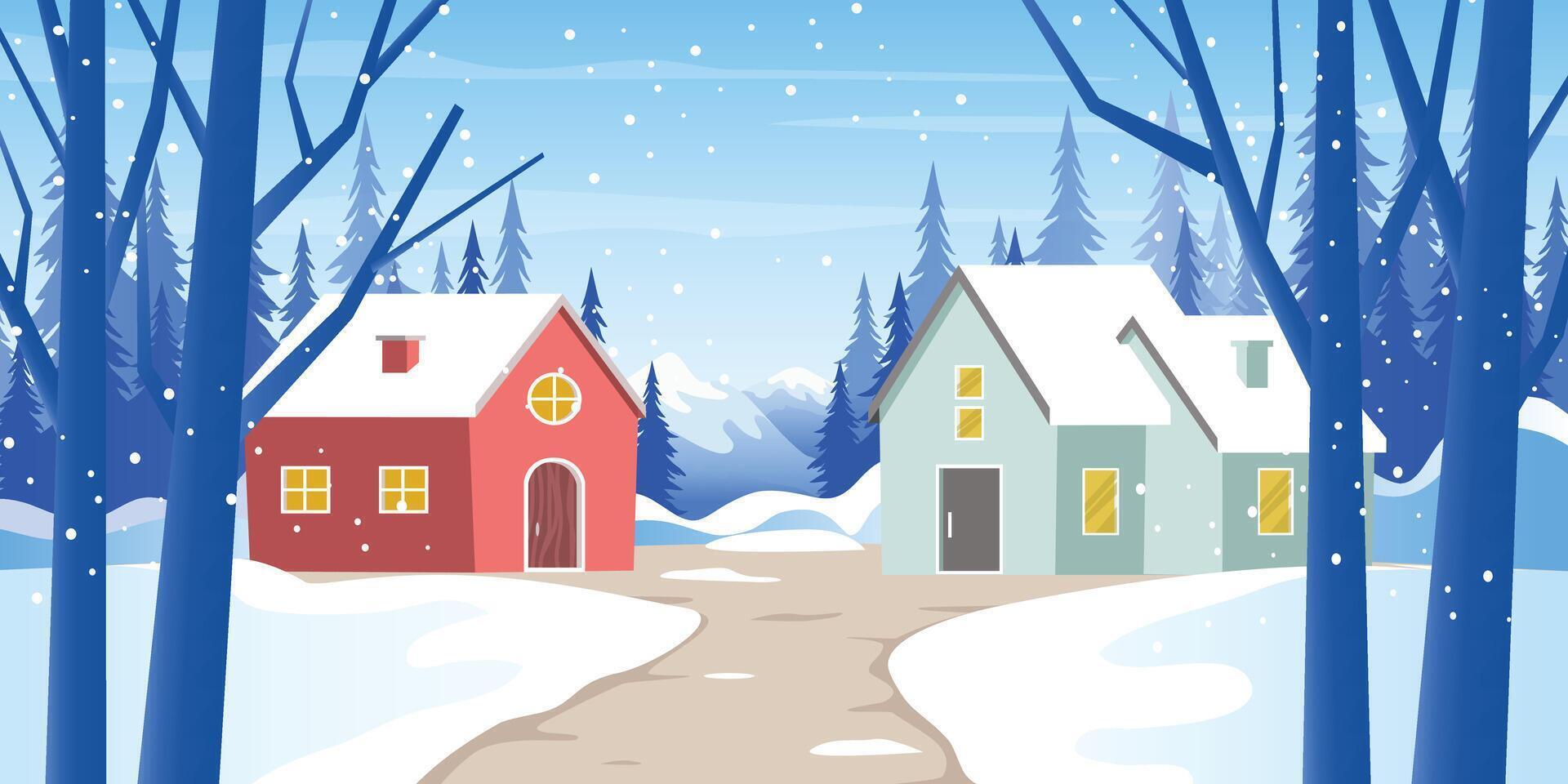 Winter Snow Landscape and Houses on Snowy Hill with Pines Forest Background vector