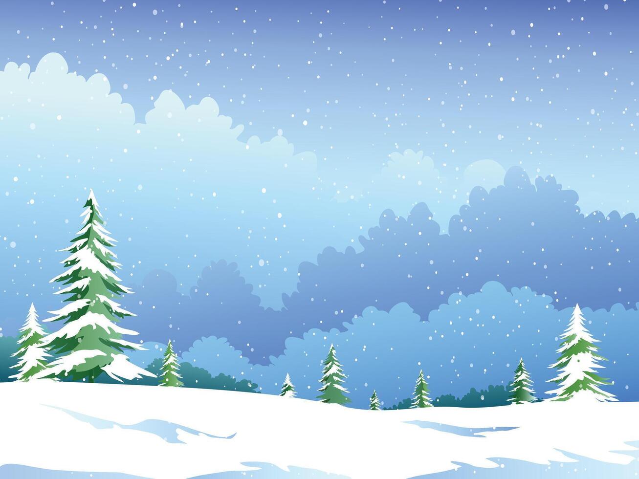 Snowy Hill with Snowflakes Falls from The Blue Sky, Winter Landscape Scenery vector