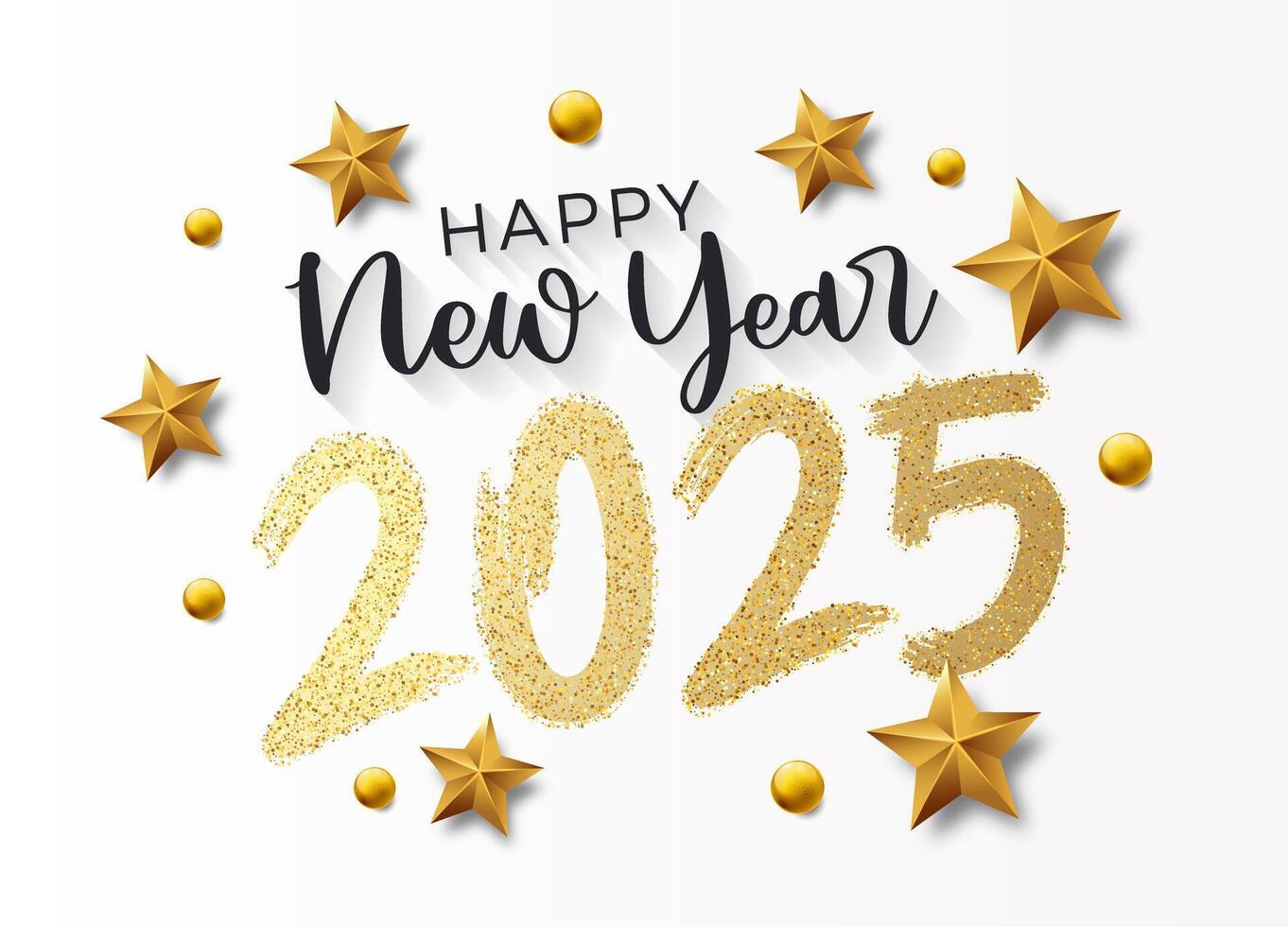 Happy New Year brush golden glitter painted 2025. Illustration background for new year's eve and new year resolutions and happy wishes with stars and balls christmas elements vector