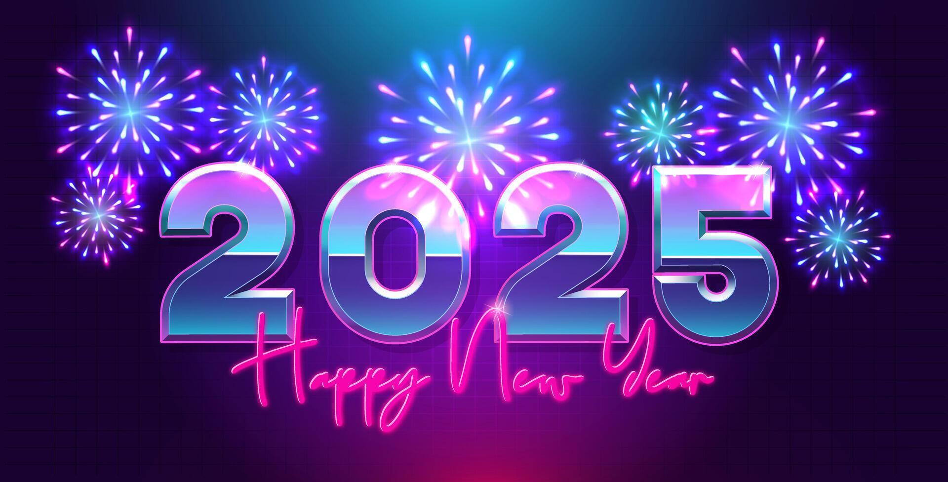 Happy New year 2025 retro 80s background. 3d blue purple text and explosion of fireworks. For seasonal holiday greeting web banners, flyers and festive posters vector