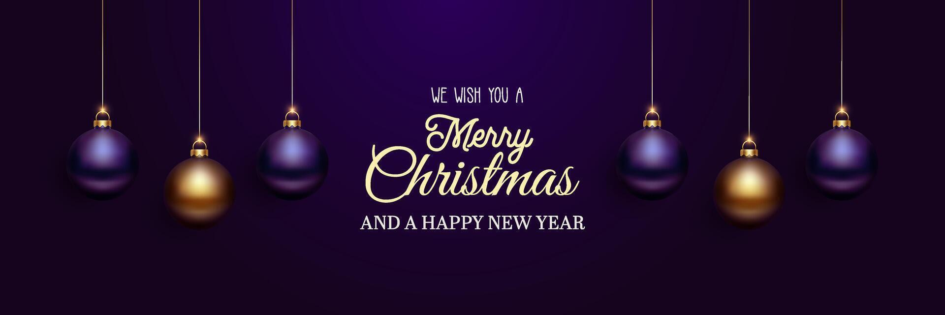 We wish you a Merry Christmas and a Happy New Year card. Dark purple background. Christmas balls and text. Holiday greetings festive design vector