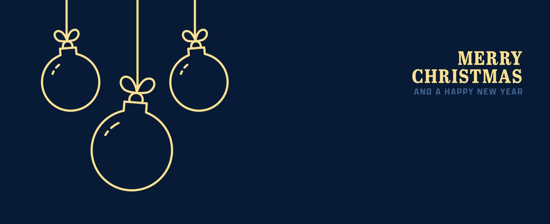 Merry Christmas Banner with Hanging Ornaments. Holiday Greeting Card golden outline Design in dark blue background illustration. Trendy festive simple minimal design vector