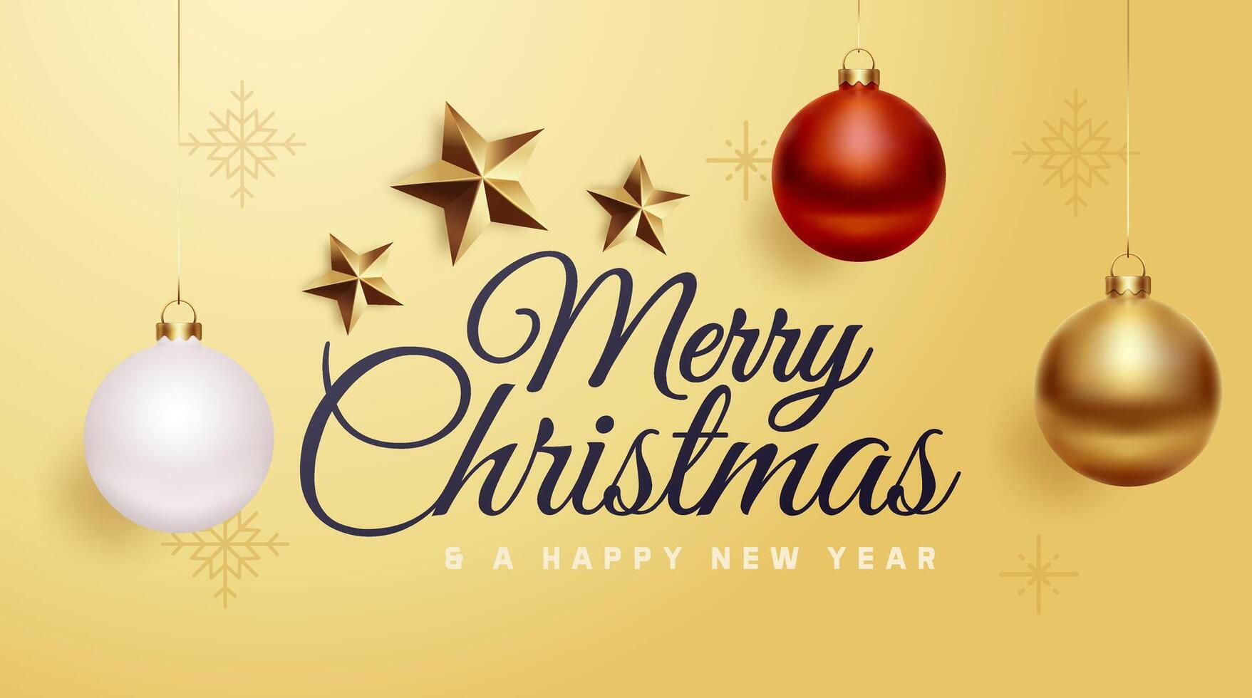 Merry Christmas and a Happy New Year greeting card banner. Hanging ornaments in red, white, gold and stars. Elegant festive holiday background design vector