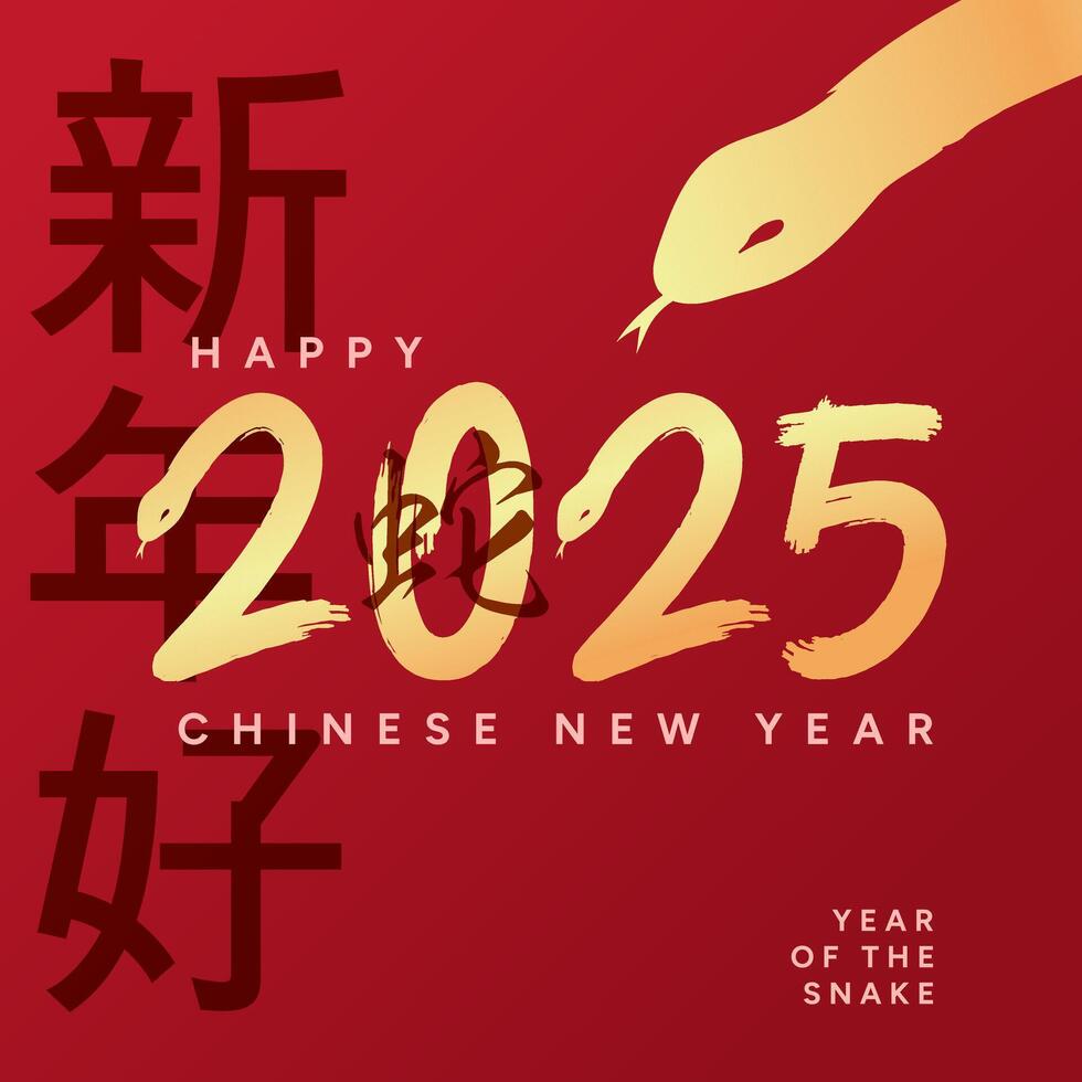 Chinese New Year 2025 Year of the Snake banner. Background and calligraphic numbers with snakes illustration design. Greeting card frame with chinese characters. vector