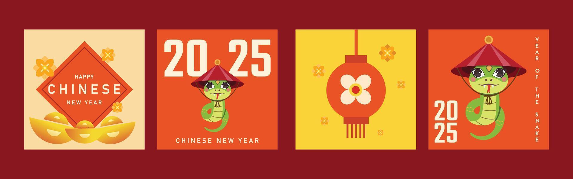 Chinese new year 2025 year of the Snake. Snake illustration and design. traditional Chinese designs with snakes. Lunar new year concept, geometric modern design, social media post vector