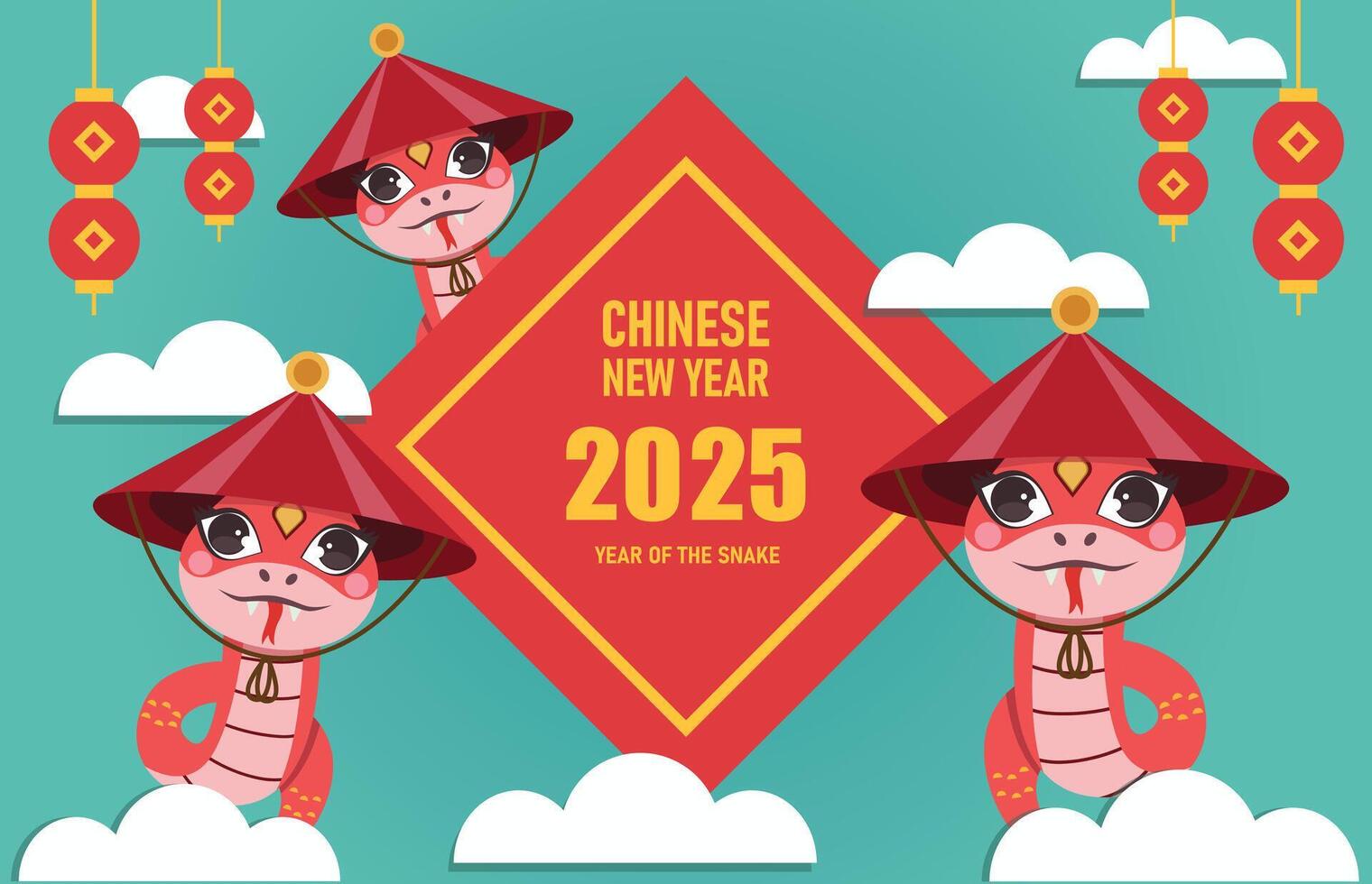 Chinese new year 2025. 2025 holiday banner with cartoon snake, Happy snake year symbol animal, card. vector