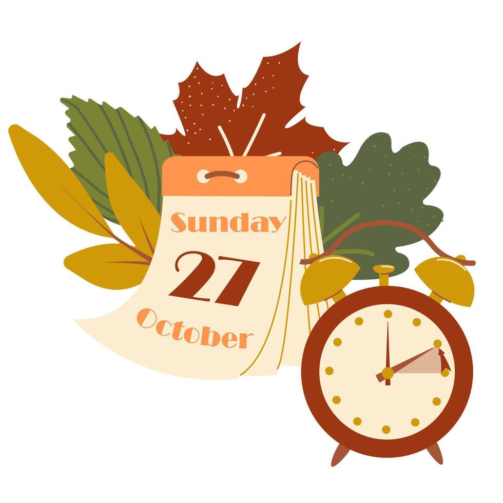 Fall Back in Europe 2024, change clock back one hour, Daylight Saving Time Ends web reminder banner in flat style. Clocks with arrow hand turning back an hour. Flat aesthetic web banner vector