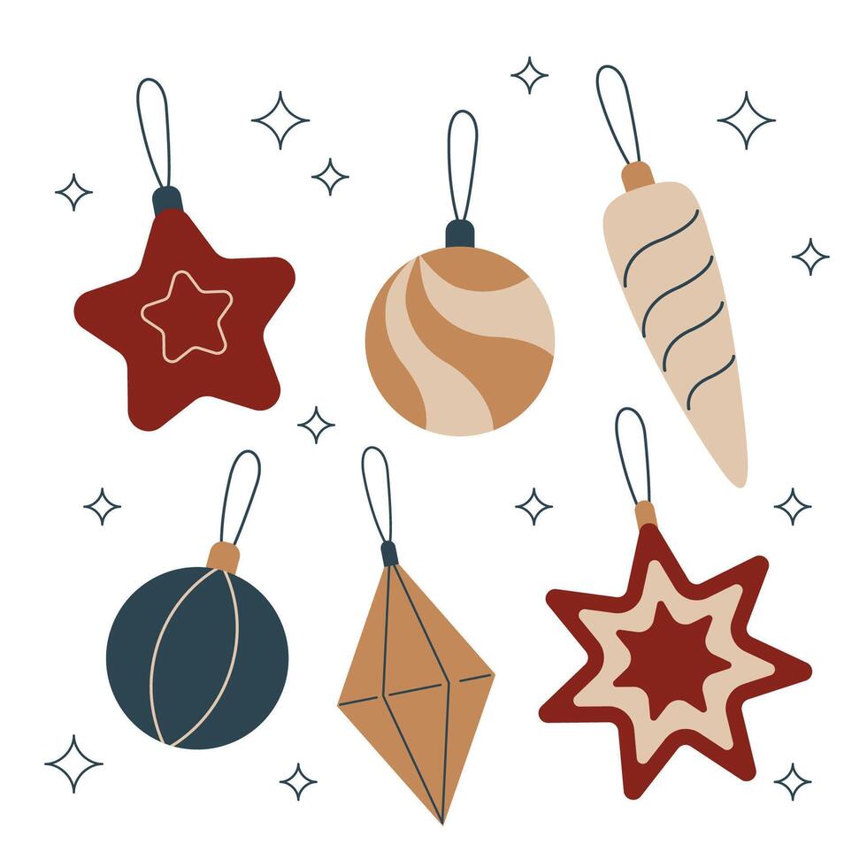 Christmas balls collection. Flat elements in retro style. Set for print, banner, card, brochure or poster vector