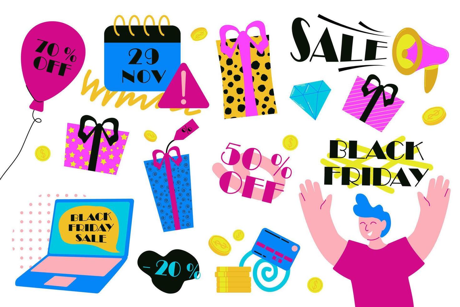 Cartoon black friday elements set. Shopping, discounts concept. Set of promo offers illustration isolated on background. vector
