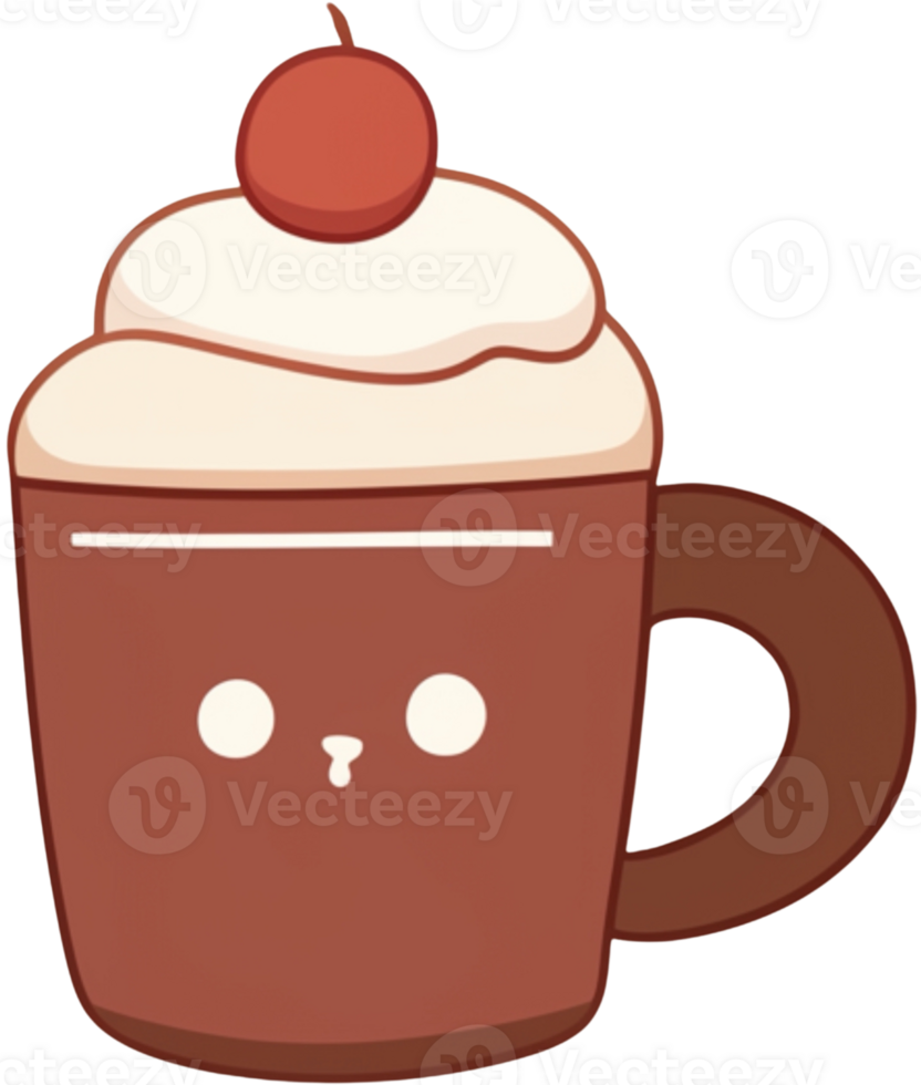 cute cartoon chocolate mug on top with whipping cream and red cherry png