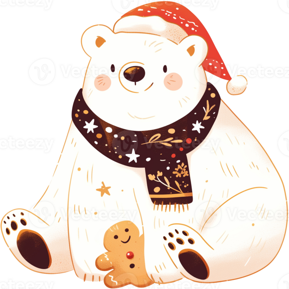 a polar bear a gingerbread cookie a Christmas star and a Santa hat png