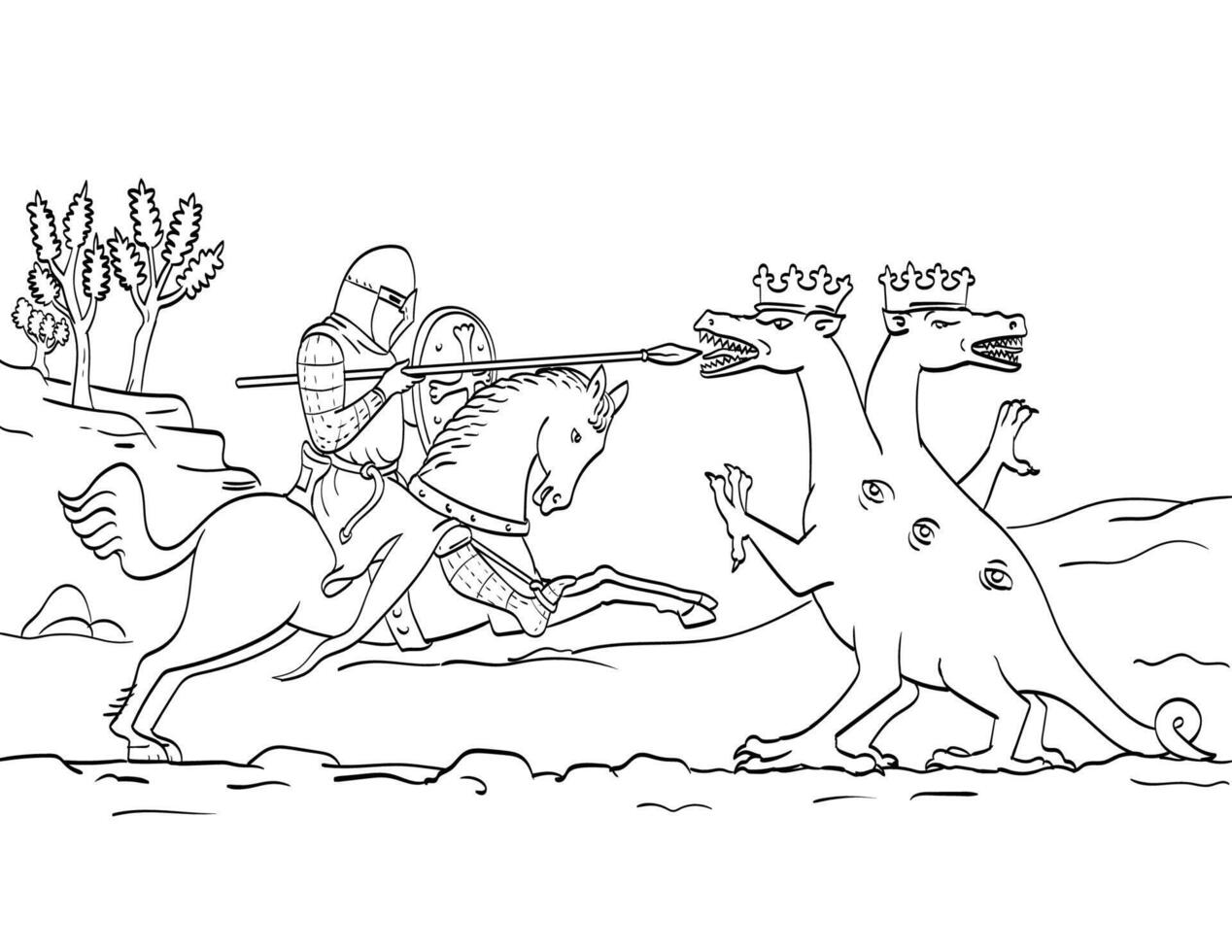 Medieval Knight Fighting Two Headed Dragon Line Drawing vector