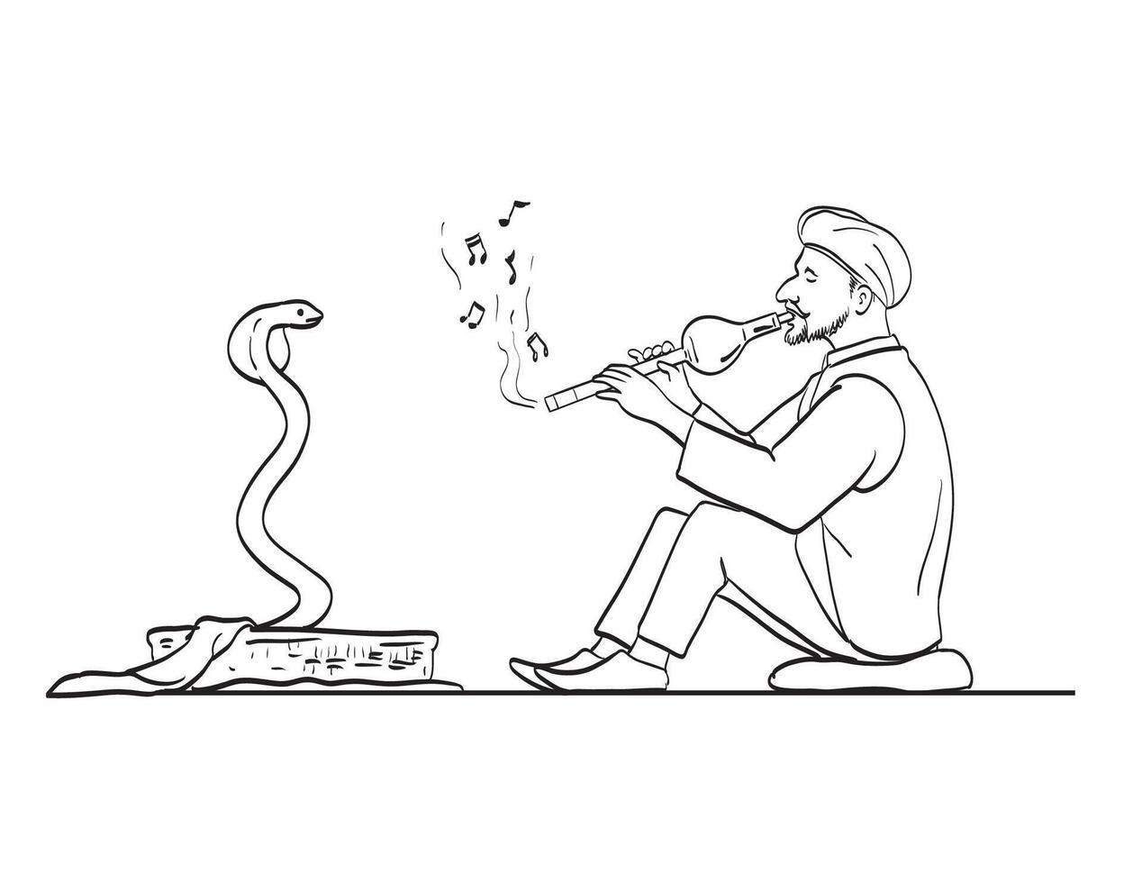 Snake Charmer with Flute and Dancing Cobra Cartoon Drawing vector