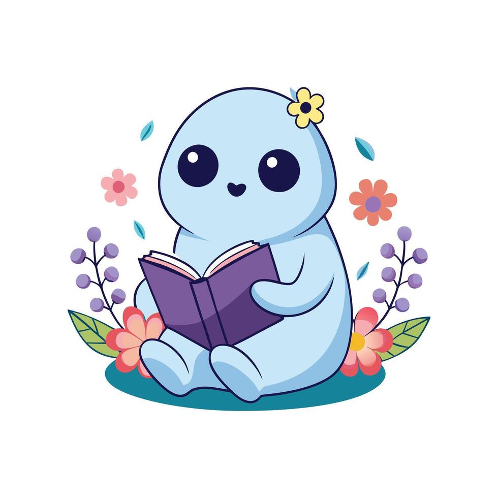Cartoon illustration of a cute blue ghost reading a book vector