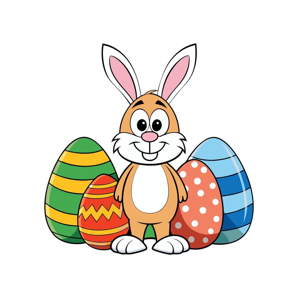 A cute bunny rabbit with a set of easter eggs. vector