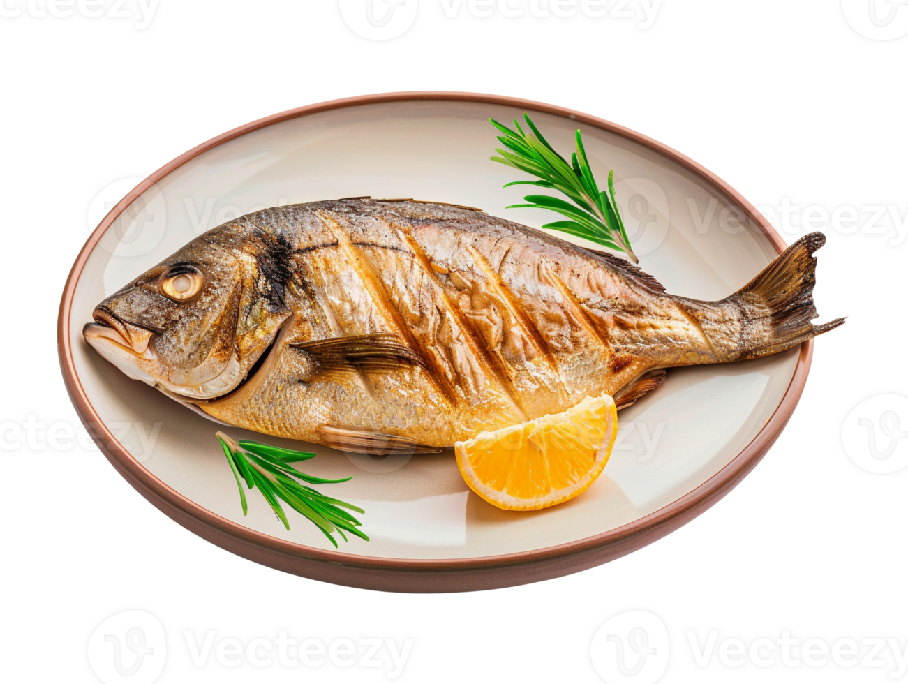 Grilled fish on a plate with lemon and rosemary png