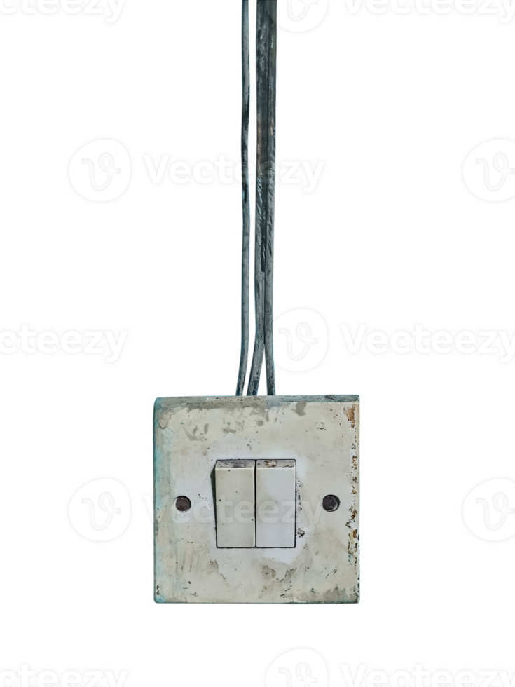 Old, dirty, and worn-out electrical switch panel with two switches. The panel is mounted on a wall, and several wires extend from the top png