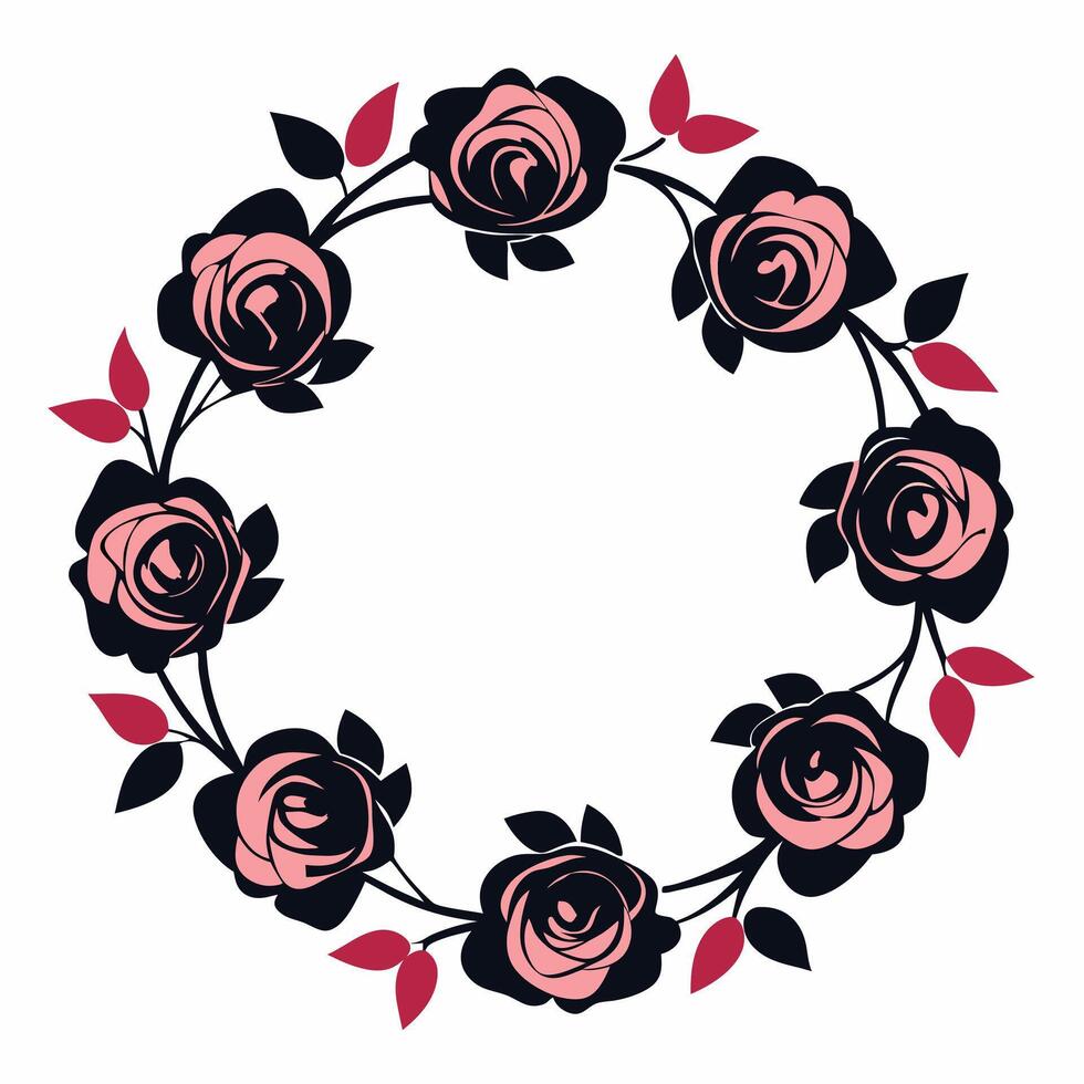 A wreath of roses is shown in black and pink vector