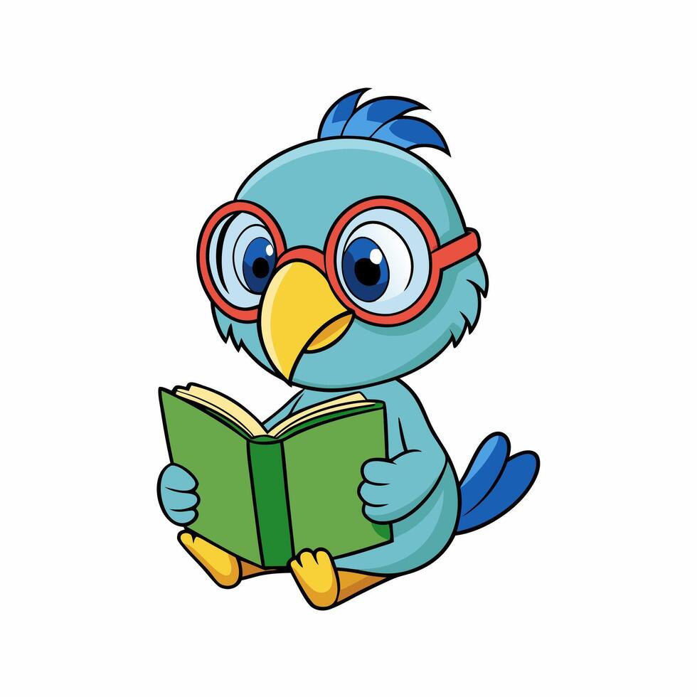 Cartoon blue bird reading a book vector